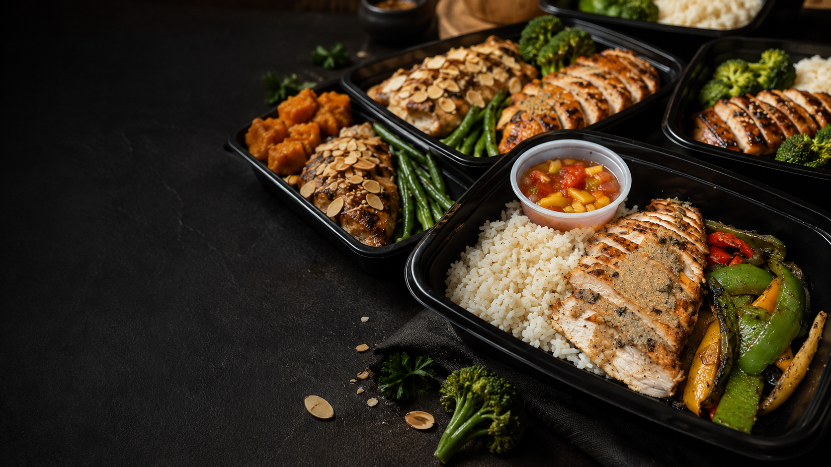 Three meal prep containers with grilled chicken, steak, rice and vegetables